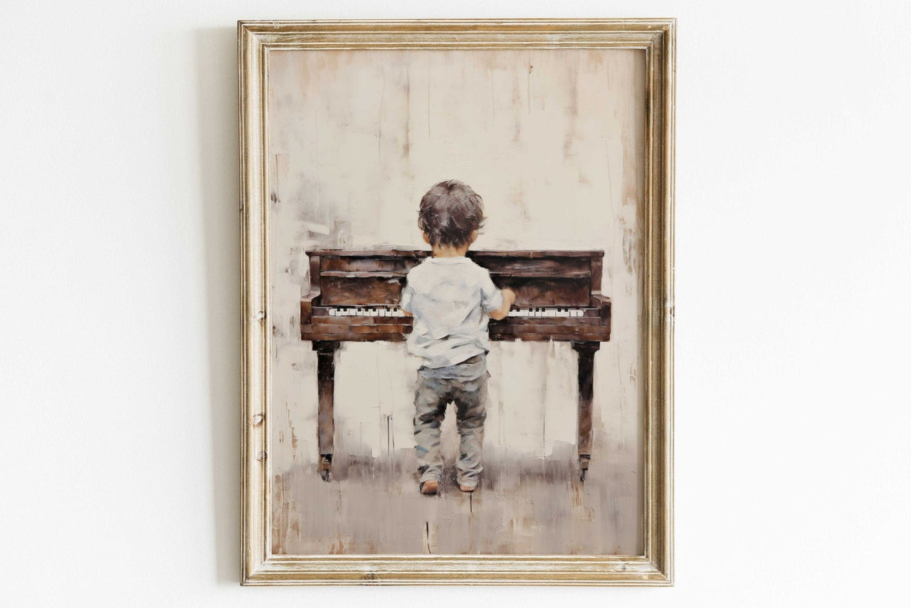 Boy Playing Piano Wall Art – Music Nursery Print for Toddlers