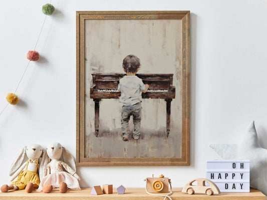 Boy Playing Piano Art, Music Nursery Decor, Vintage Toddler Room Decor - WildfieldPrints