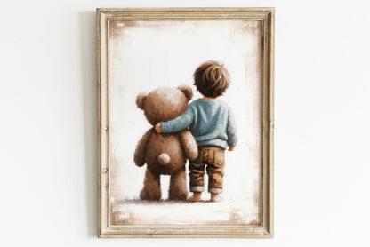 Boy & Teddy Bear Nursery Prints, Vintage Room Decor, Cute Wall Art - WildfieldPrints