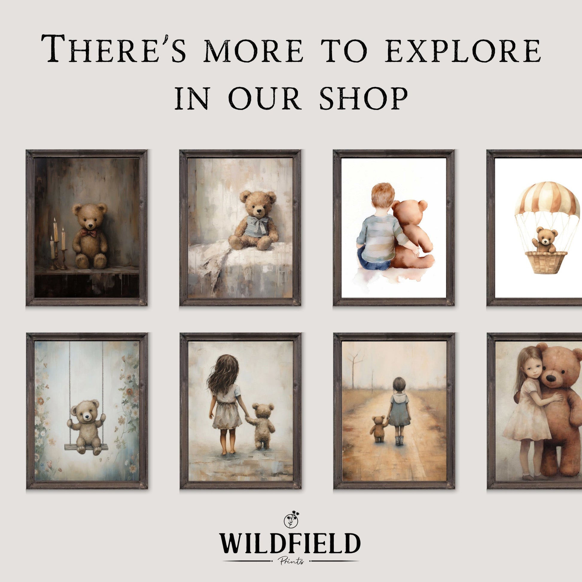 Boy & Teddy Bear Nursery Prints, Vintage Room Decor, Cute Wall Art - WildfieldPrints