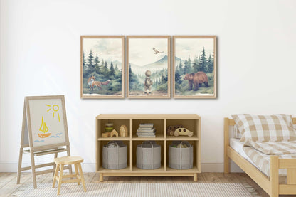 Boy Woodland Wall Decor, Woodland Animal Print, Bear & Fox, Forest Nursery Art Set of 3, Forest Animal, Printable Mountain Boy Room Decor - My Store