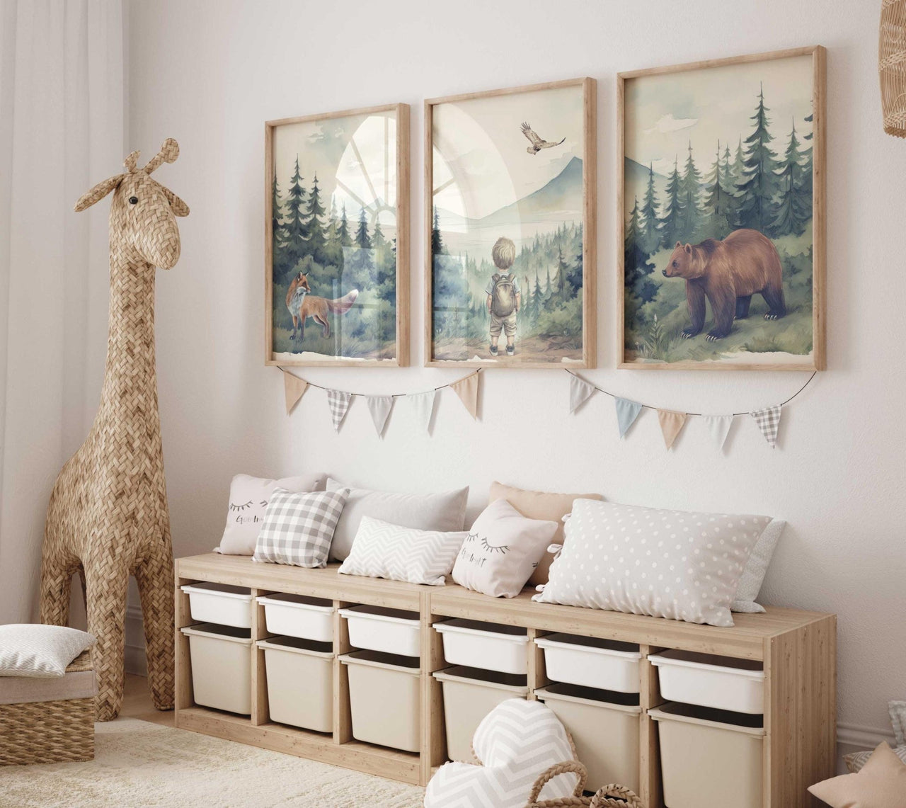 Bear and Fox Wall Art – Woodland Boys Room Print • Set of 3