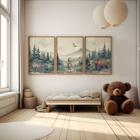 Boy Woodland Wall Decor, Woodland Animal Print, Bear & Fox, Forest Nursery Art Set of 3, Forest Animal, Printable Mountain Boy Room Decor - My Store
