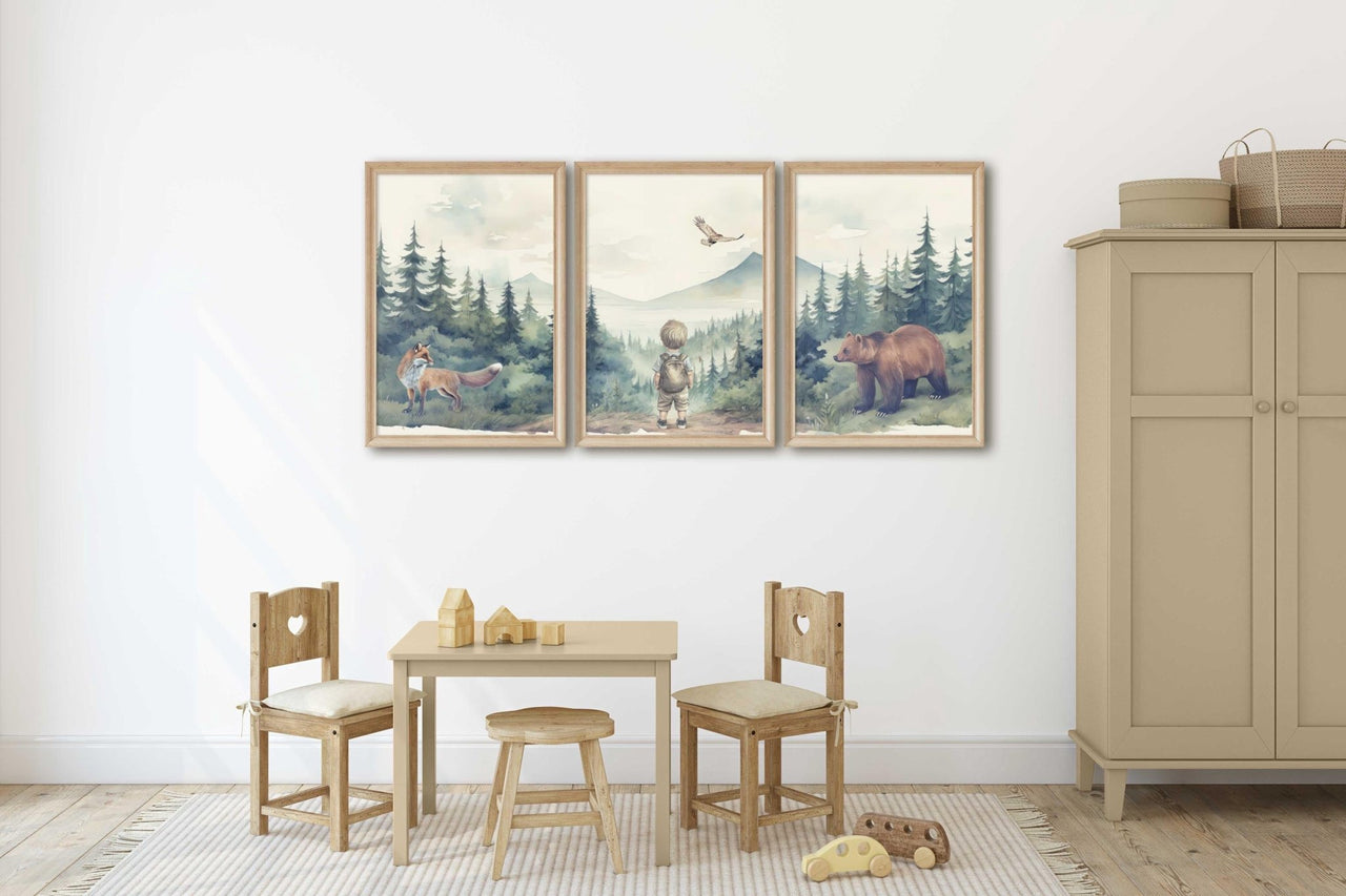 Bear and Fox Wall Art – Woodland Boys Room Print • Set of 3