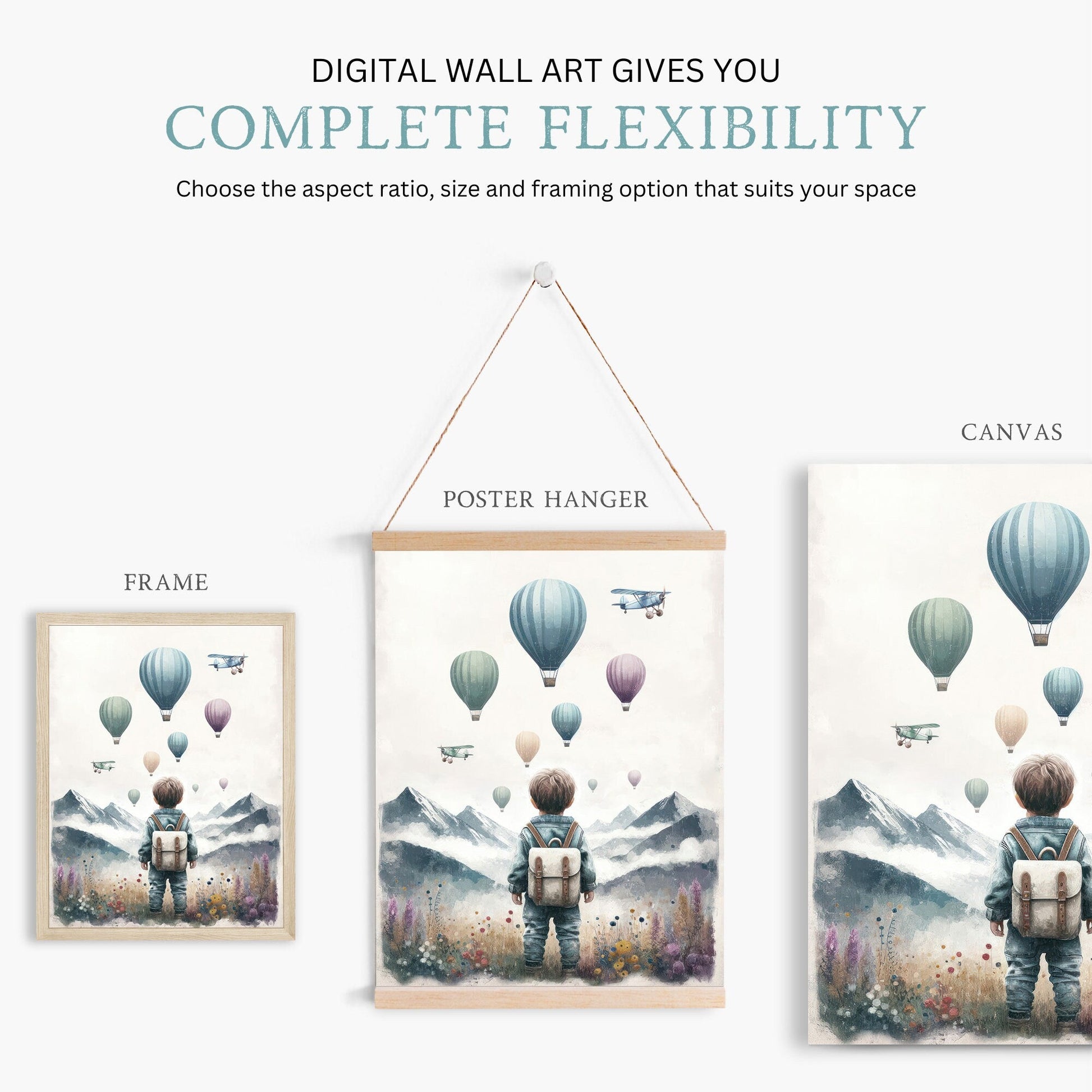 Boys Adventure Nursery Decor, Hot Air Balloons & Airplanes Art - WildfieldPrints
