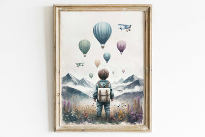 Boys Adventure Nursery Decor, Hot Air Balloons & Airplanes Art - WildfieldPrints