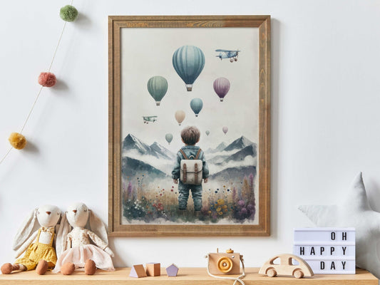 Boys Adventure Nursery Decor, Hot Air Balloons & Airplanes Art - WildfieldPrints