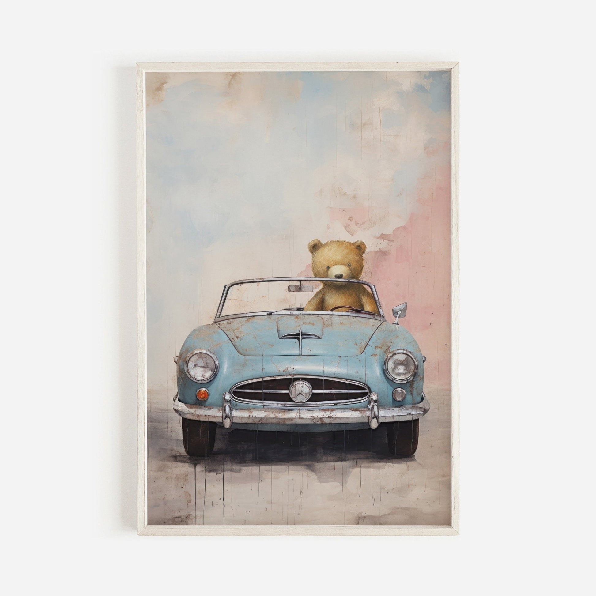 Boys Car Decor, Vintage Nursery Wall Art for Boys, Bear Driving Car - WildfieldPrints