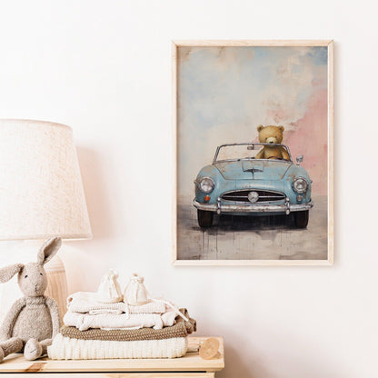 Boys Car Decor, Vintage Nursery Wall Art for Boys, Bear Driving Car - WildfieldPrints