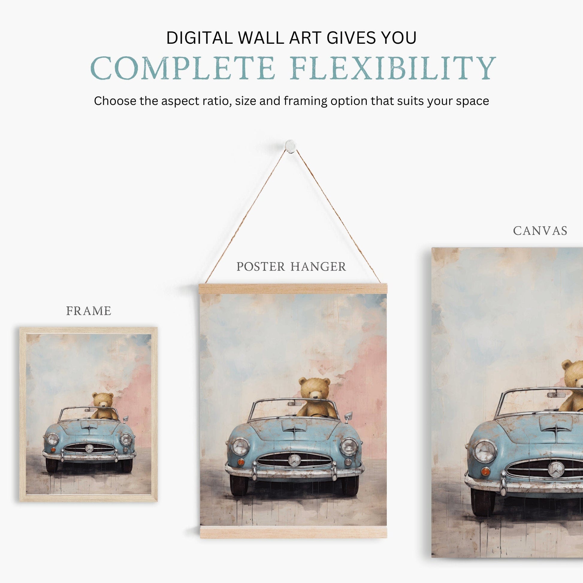 Boys Car Decor, Vintage Nursery Wall Art for Boys, Bear Driving Car - WildfieldPrints