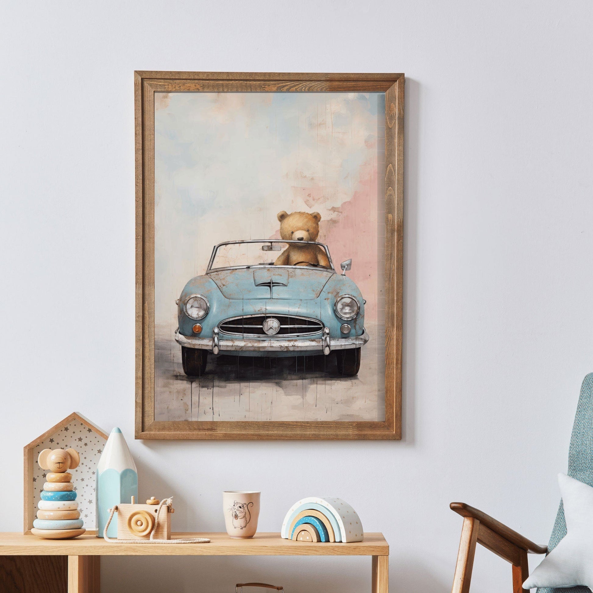 Boys Car Decor, Vintage Nursery Wall Art for Boys, Bear Driving Car - WildfieldPrints