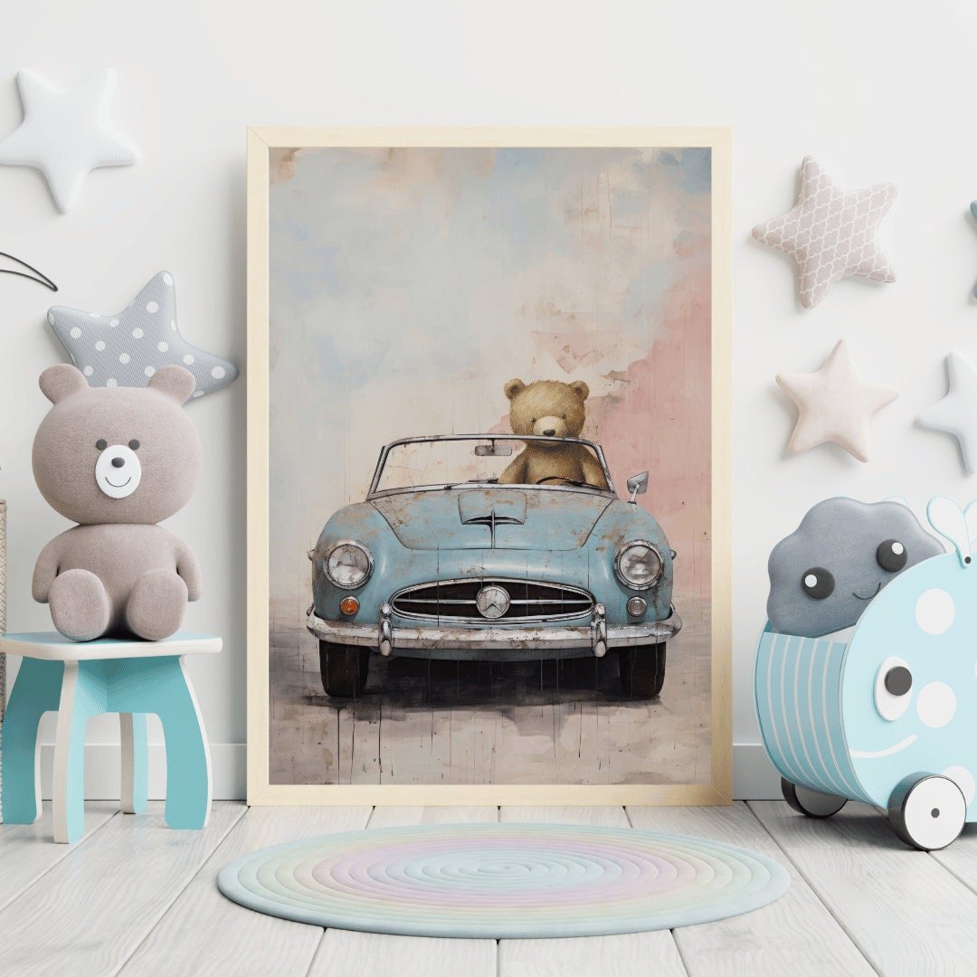 Boys Car Decor, Vintage Nursery Wall Art for Boys, Bear Driving Car - WildfieldPrints