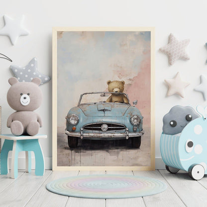 Boys Car Decor, Vintage Nursery Wall Art for Boys, Bear Driving Car - WildfieldPrints