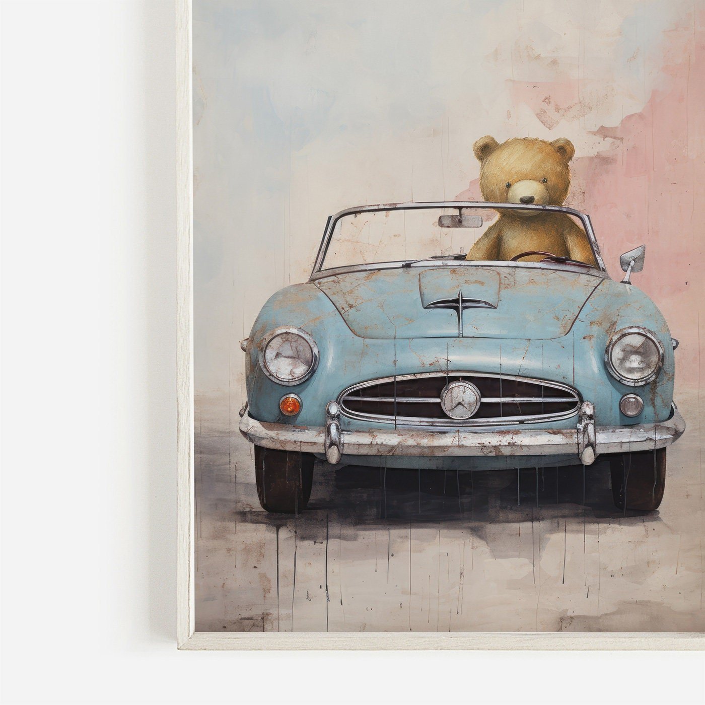 Boys Car Decor, Vintage Nursery Wall Art for Boys, Bear Driving Car - WildfieldPrints