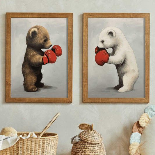 Boys Room Wall Art, Cool Decor for Little Boys, Bear Boxing Match - WildfieldPrints