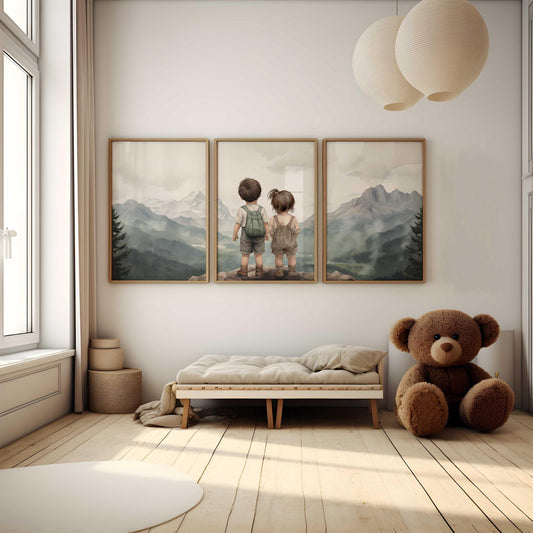 Brother and Sister Wall Art – Sibling Nursery Print • Set of 3