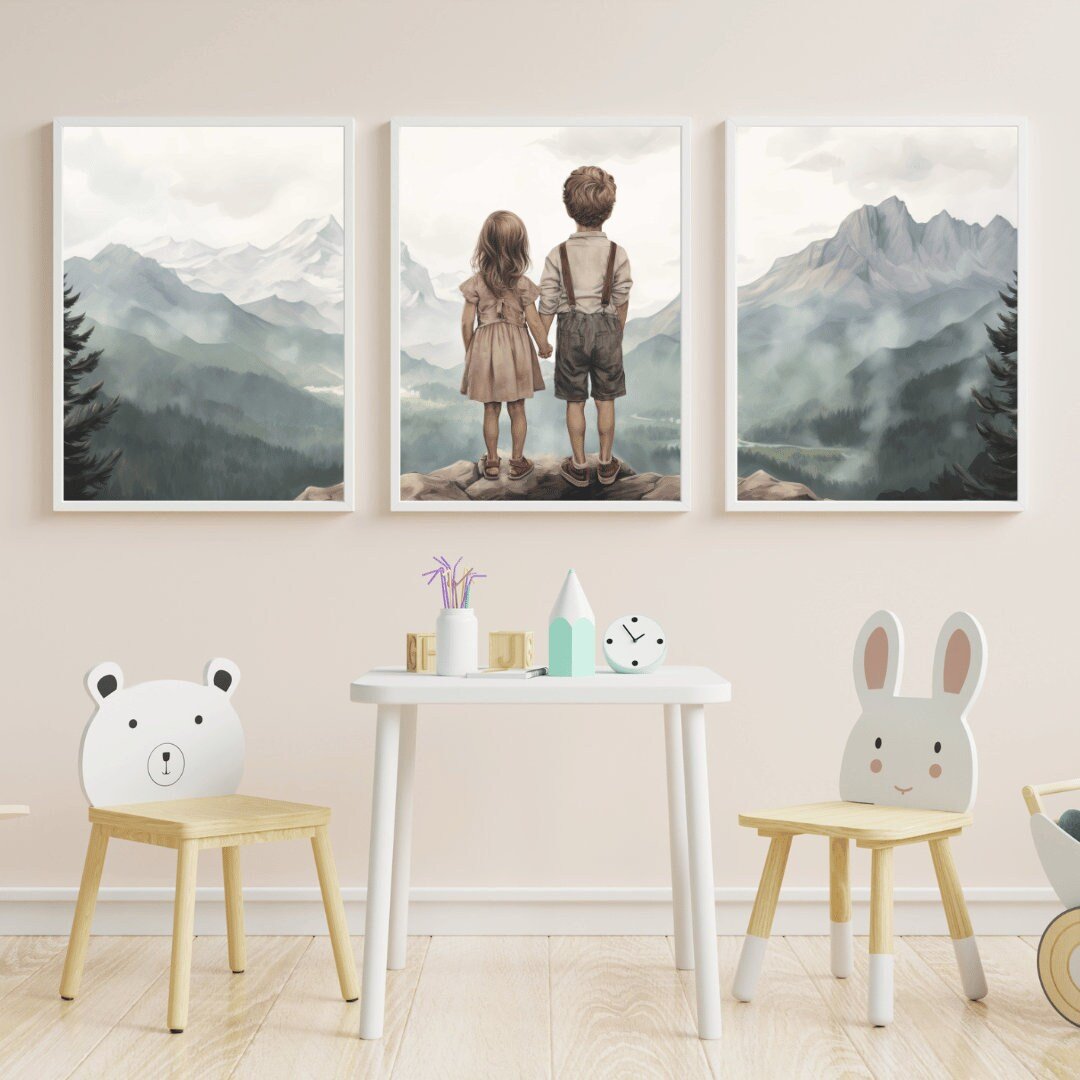 Sibling Mountain Wall Art – Nature Kids Room Decor • Set of 3