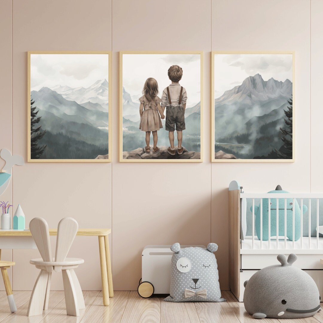 Sibling Mountain Wall Art – Nature Kids Room Decor • Set of 3