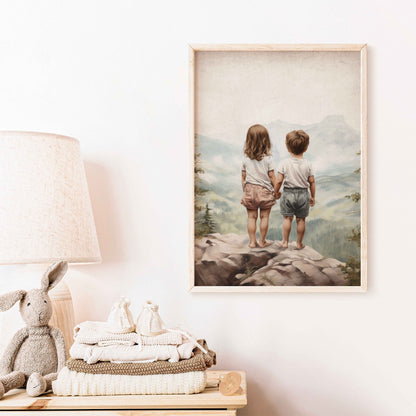 Brother and Sister Wall Art, Nature Nursery Decor, Siblings Portrait - WildfieldPrints