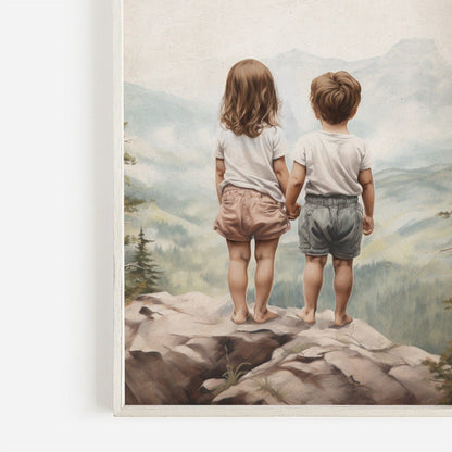 Brother and Sister Wall Art, Nature Nursery Decor, Siblings Portrait - WildfieldPrints