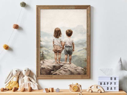 Brother and Sister Wall Art, Nature Nursery Decor, Siblings Portrait - WildfieldPrints