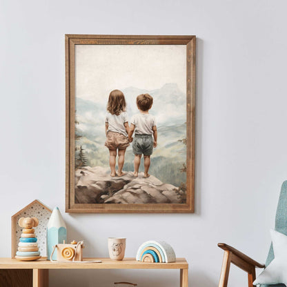 Brother and Sister Wall Art, Nature Nursery Decor, Siblings Portrait - WildfieldPrints