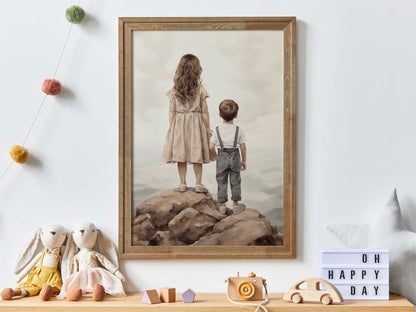 Brother and Sister Wall Art, Nursery Nature Decor, Siblings Portrait, Boy & Girl Print, Shared Brother Sister Room, Printable Kids Room Art - My Store