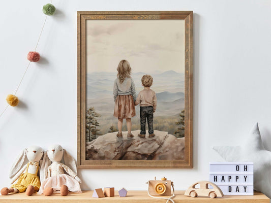 Brother and Sister Wall Art, Shared Sibling Room Decor, Portrait Print - WildfieldPrints