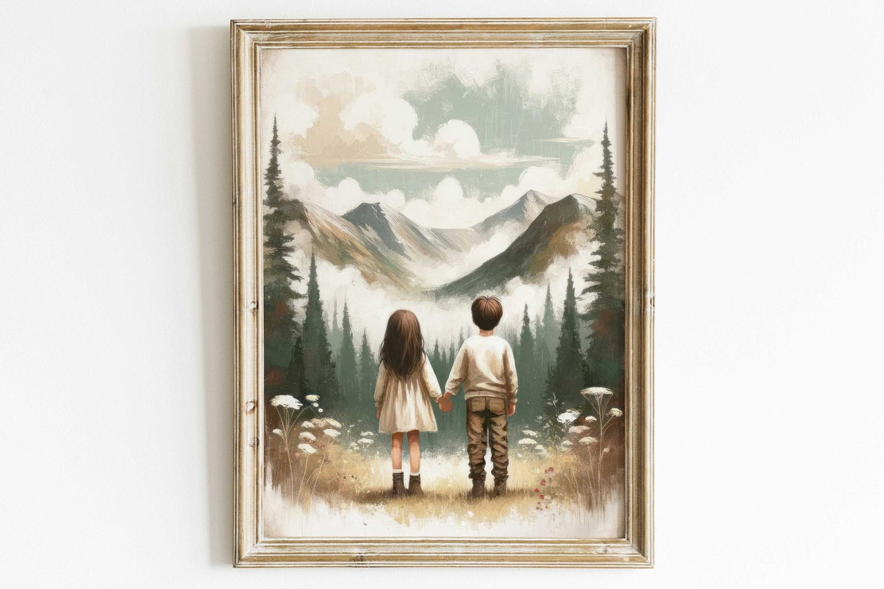 Brother and Sister Wall Art – Sibling Adventure Kids Room Print