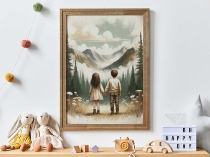 Brother and Sister Wall Art, Siblings Portraits, Boy & Girl Decor - WildfieldPrints
