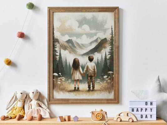 Brother and Sister Wall Art, Siblings Portraits, Boy & Girl Decor - WildfieldPrints