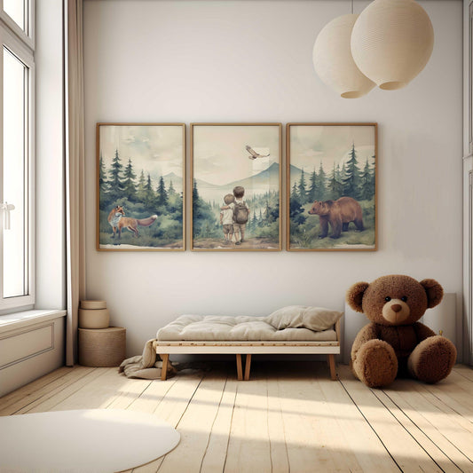Brother Room Decor, Bear & Fox Print, Woodland Nursery Art - WildfieldPrints