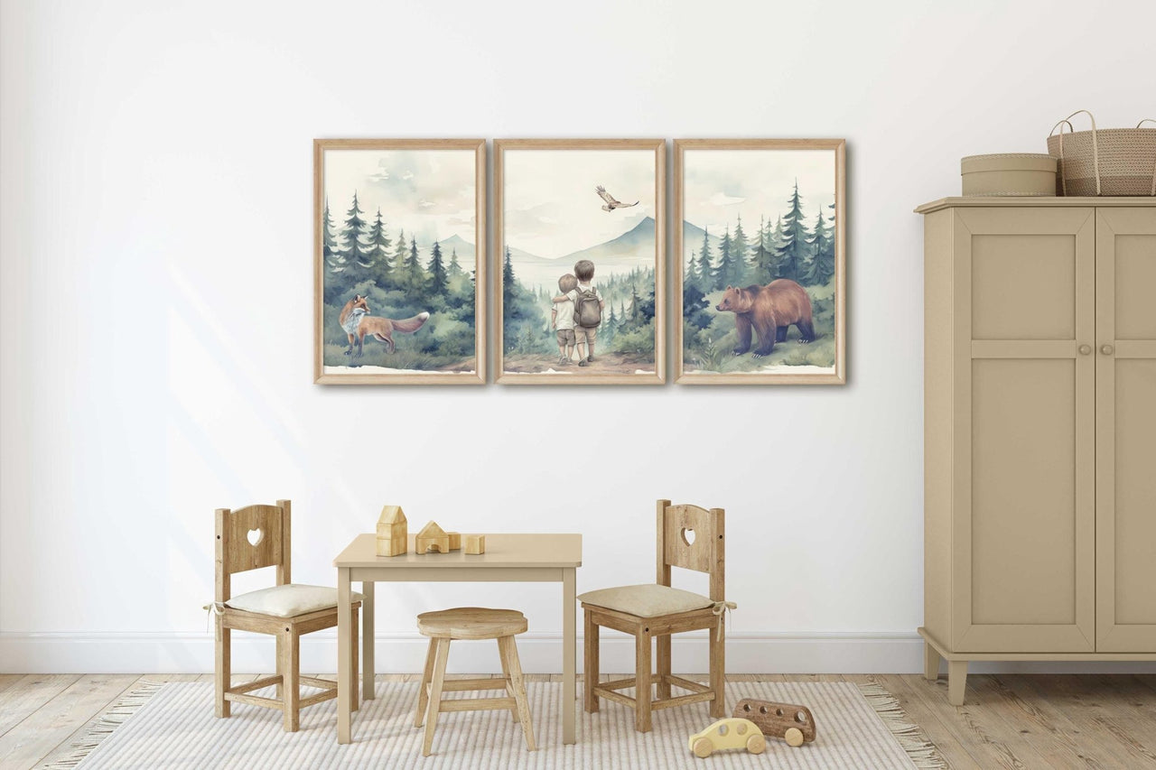 Bear & Fox Print – Woodland Boys Room Wall Art • Set of 3