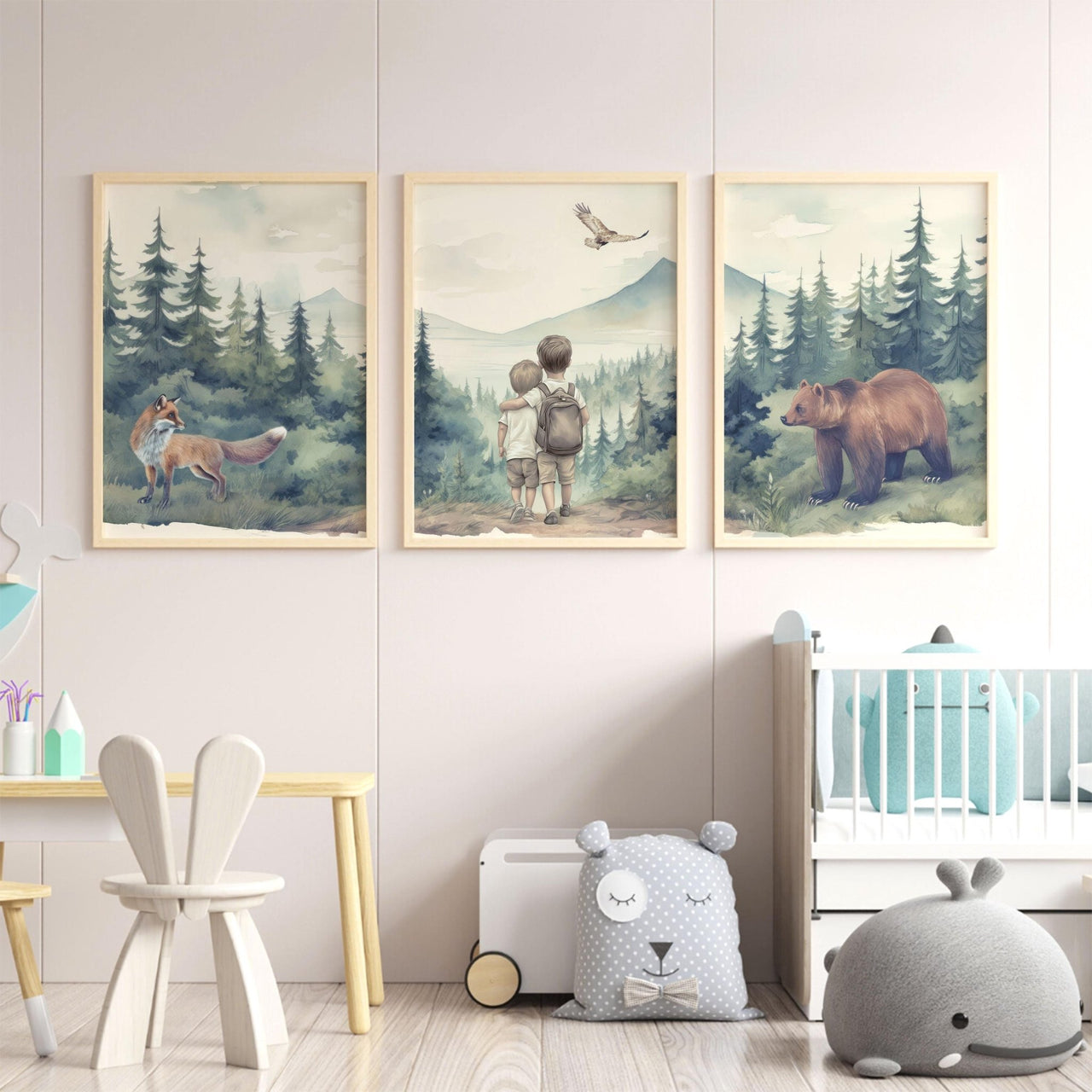 Bear & Fox Print – Woodland Boys Room Wall Art • Set of 3