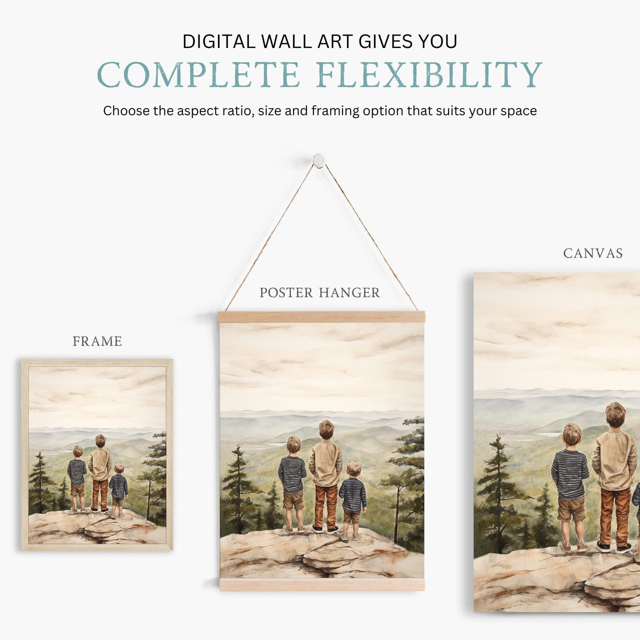 Three Brothers Mountain Print – Sibling Boys Room Wall Decor