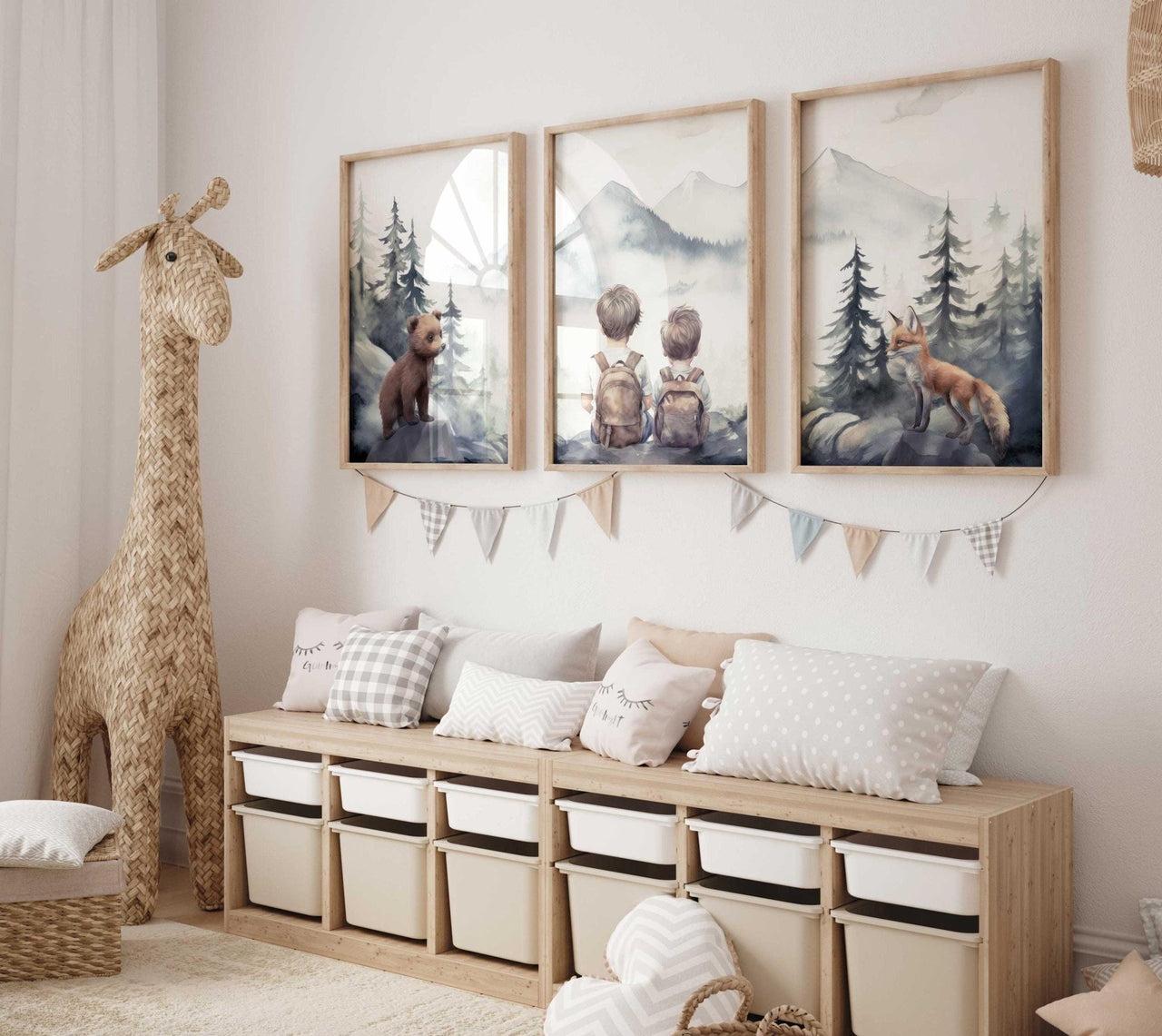 Woodland Adventure Wall Art – Animal Kids Room Print • Set of 3