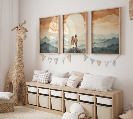 Brother & Sister Adventure Triptych Prints, Vintage Sibling Wall Decor - WildfieldPrints