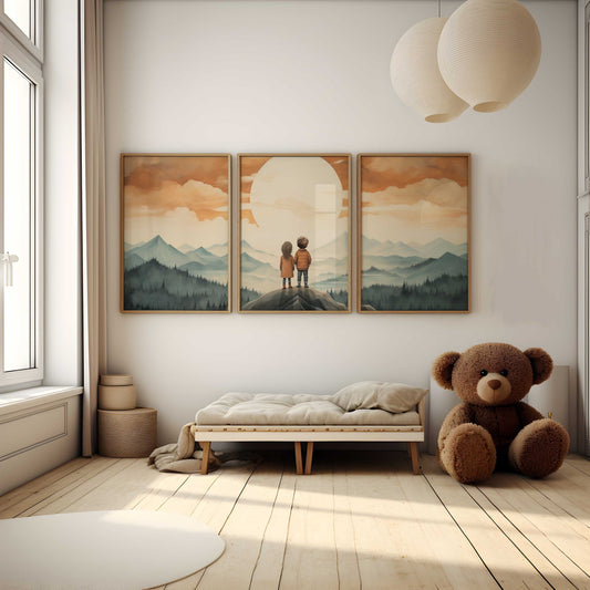 Sibling Adventure Triptych Print – Family Kids Room Wall Art • Set of 3