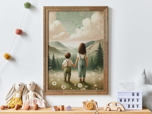 Brother & Sister Art, Siblings Adventure Decor, Mountain Theme Prints - WildfieldPrints