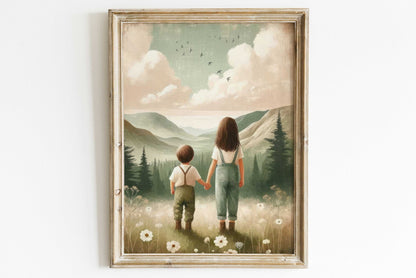 Brother & Sister Art, Siblings Adventure Decor, Mountain Theme Prints - WildfieldPrints