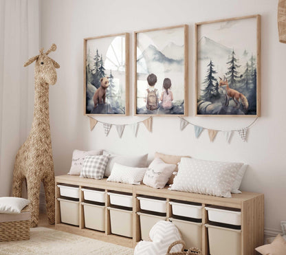 Brother & Sister Room Decor, Boy Girl Print, Woodland Animals, Adventure Nursery - WildfieldPrints
