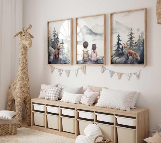Brother & Sister Room Decor, Boy Girl Print, Woodland Animals, Adventure Nursery - WildfieldPrints