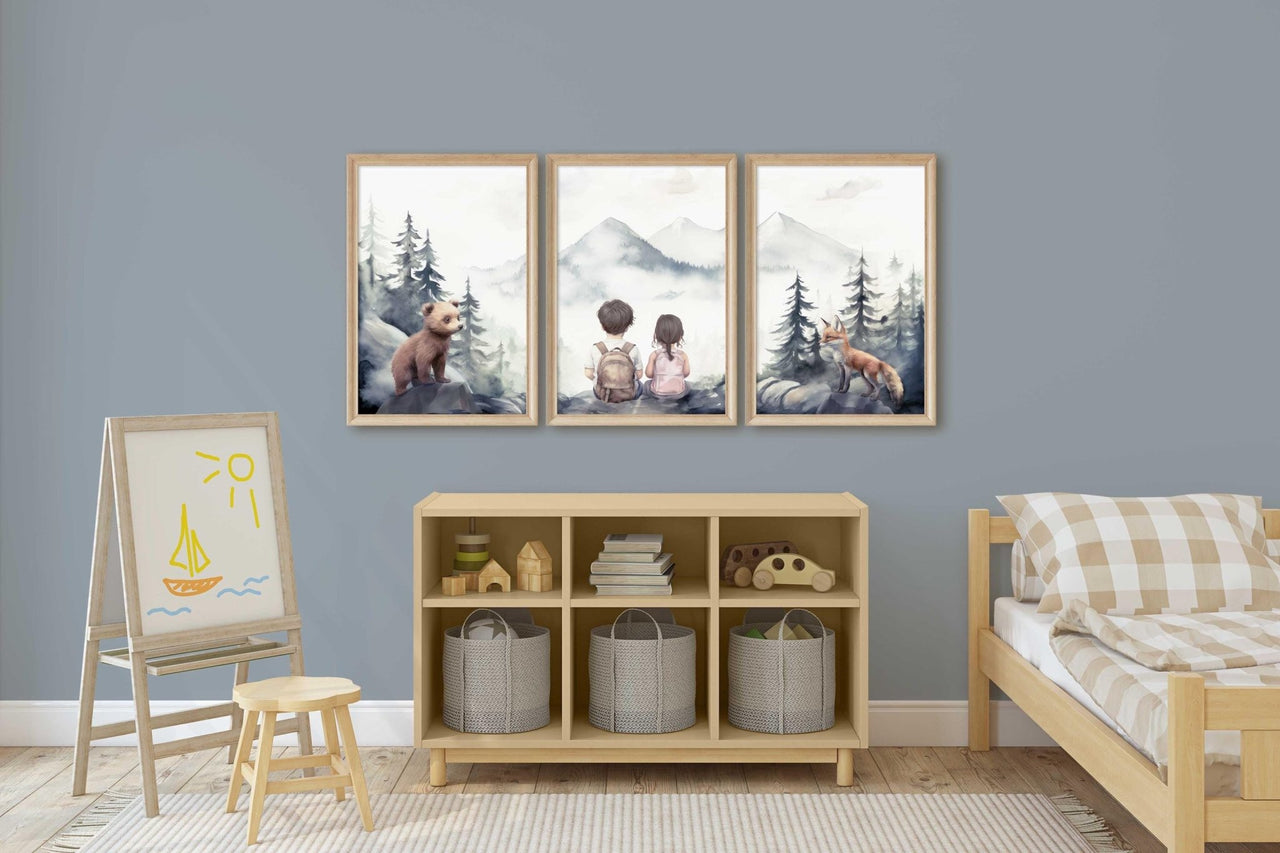 Woodland Animals Wall Art – Adventure Nursery Print for Siblings • Set of 3