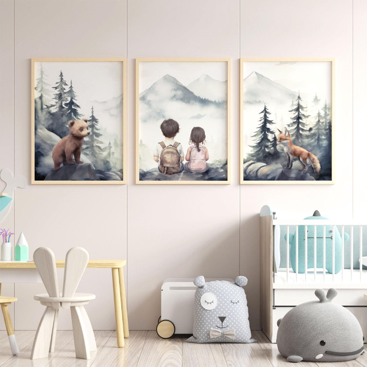 Woodland Animals Wall Art – Adventure Nursery Print for Siblings • Set of 3