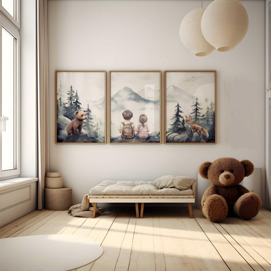 Brother & Sister Wall Art – Siblings Adventure Nursery Print • Set of 3