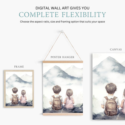 Brother & Sister Wall Art, Adventure Mountain Decor, Siblings Prints - WildfieldPrints