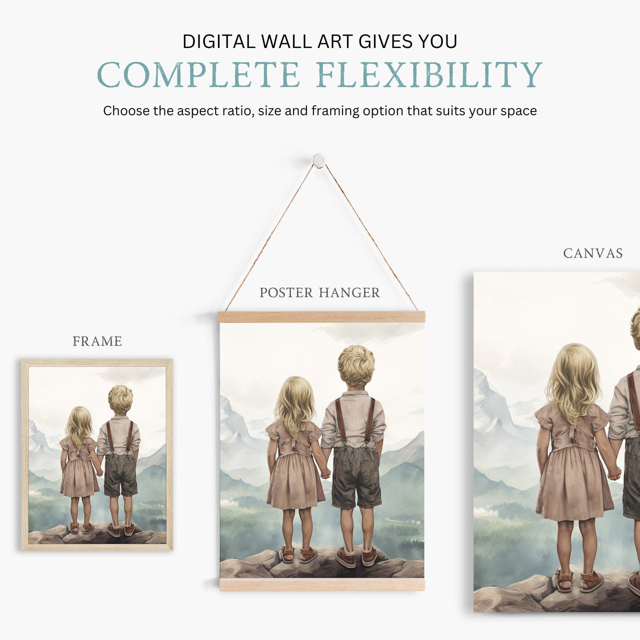 Mountain Adventure Siblings Wall Art – Kids Room Print • Set of 3