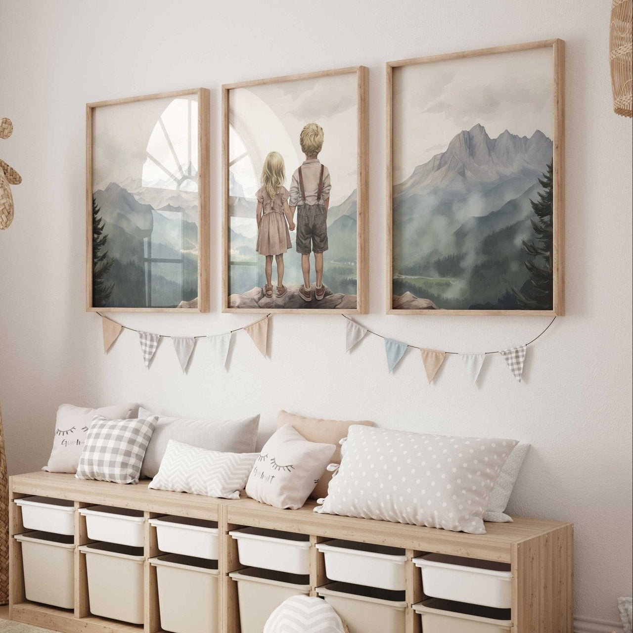 Mountain Adventure Siblings Wall Art – Kids Room Print • Set of 3