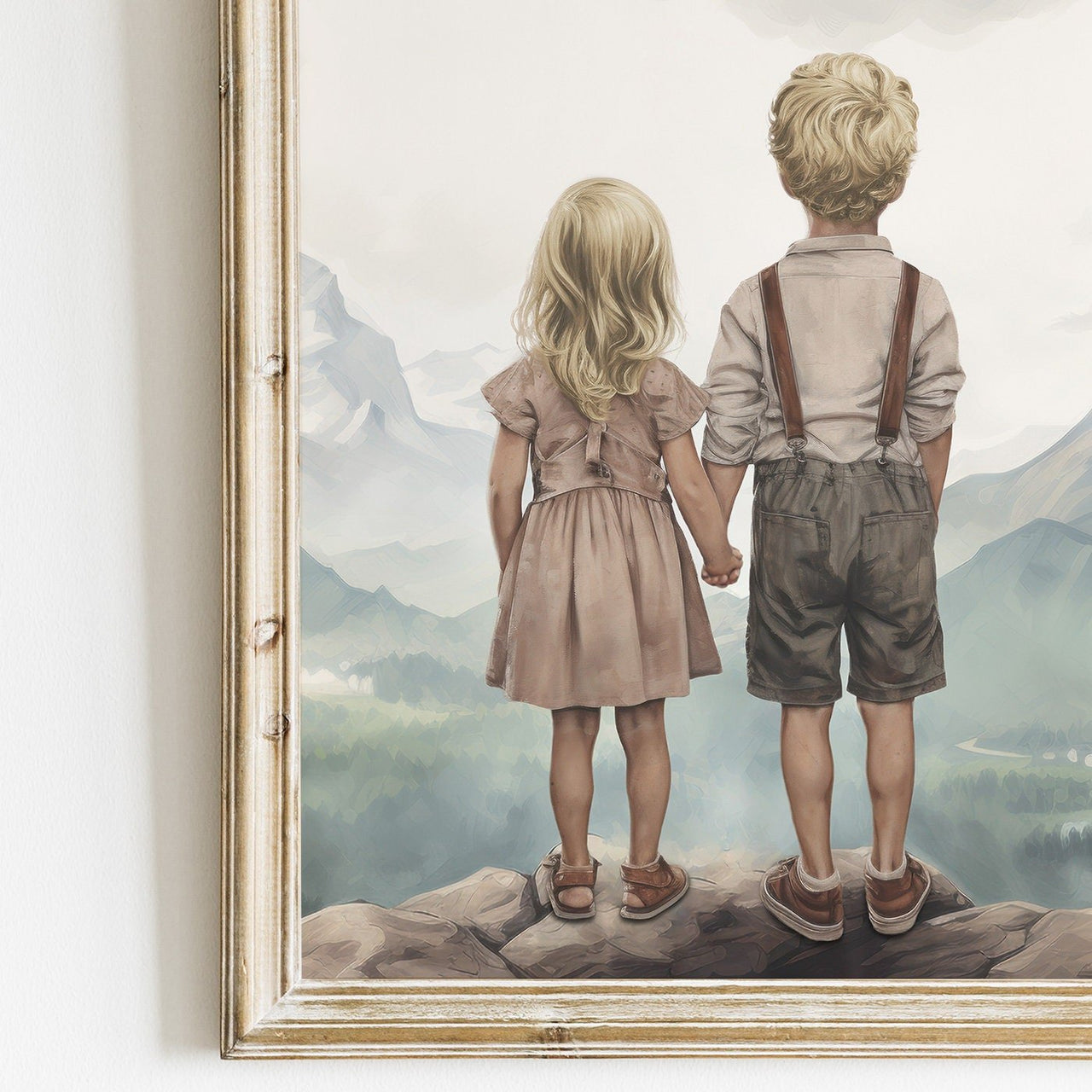 Mountain Adventure Siblings Wall Art – Kids Room Print • Set of 3