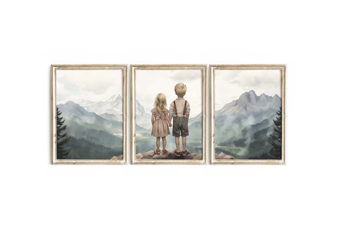 Mountain Adventure Siblings Wall Art – Kids Room Print • Set of 3